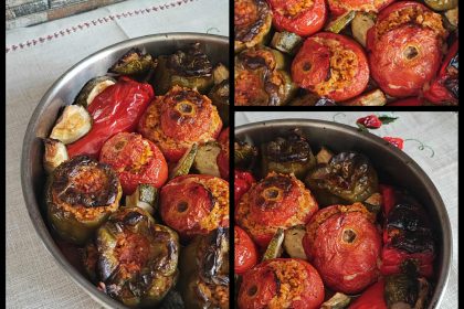 «Vegan γεμιστά με ντομάτες και πιπεριές στο ταψί, ελληνική παραδοσιακή συνταγή χωρίς κιμά»