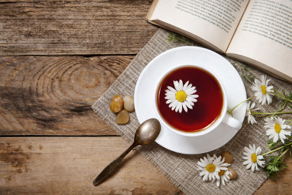 cozy cup of herbal tea with chamomile flowers and an open book on wooden table