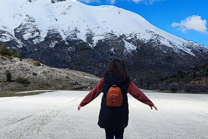 Spring in Trikala Korinthias with snowy mountains and scenic landscape