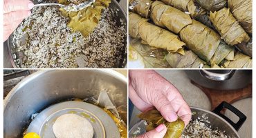 Χειροποίητα vegan ντολμαδάκια γιαλαντζί με αμπελόφυλλα, ρύζι και μυρωδικά κατά την προετοιμασία και το τύλιγμα. Traditional vegan dolmadakia with vine leaves, rice and fresh herbs during preparation in a cozy Greek kitchen.