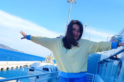 Zenia on the ferry to Kea island during a spring Greek island escape