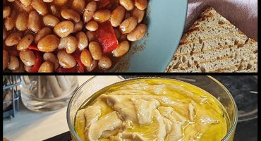 Greek cranberry bean stew with vegan white cheese and velvety yellow split pea fava spread