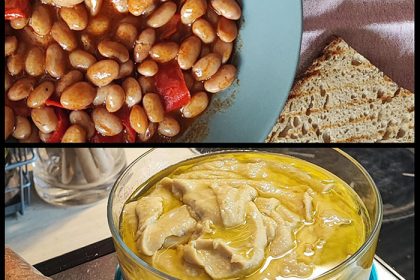 Greek cranberry bean stew with vegan white cheese and velvety yellow split pea fava spread